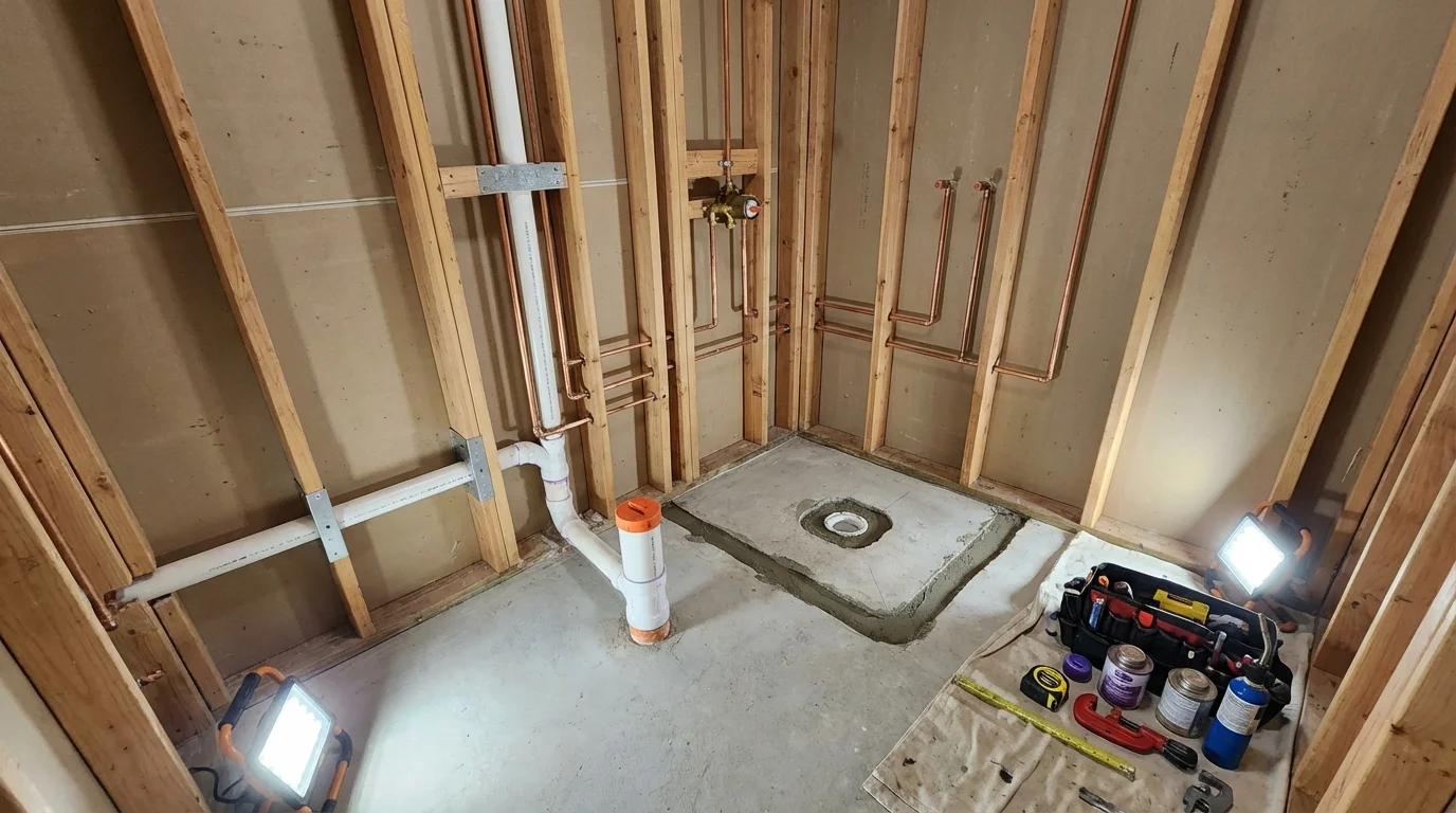 Bathroom rough-in plumbing during remodel by Johns Plumbing LLC in Holdrege