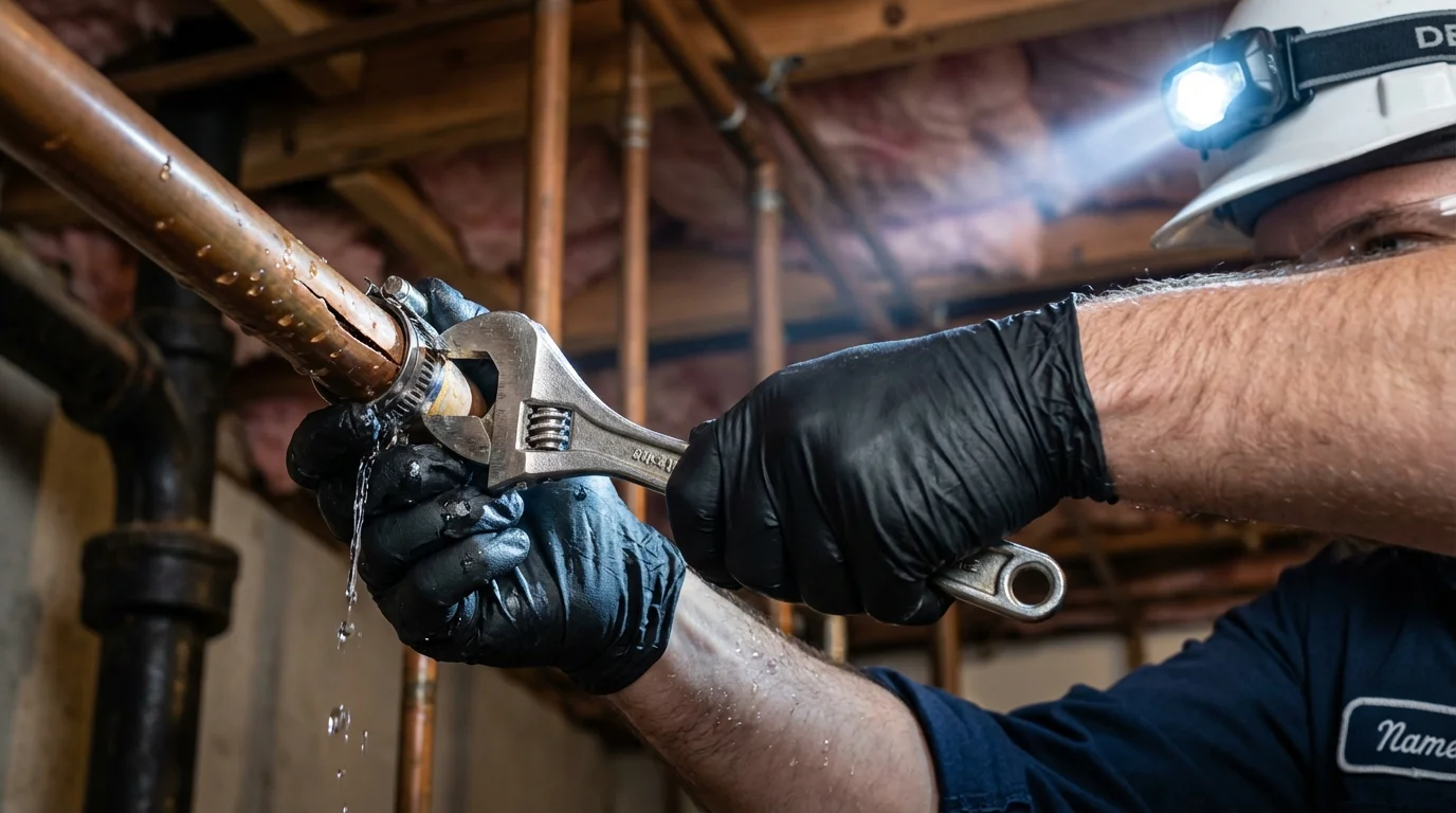 Emergency pipe clamp repair being performed by a Johns Plumbing LLC plumber in Holdrege