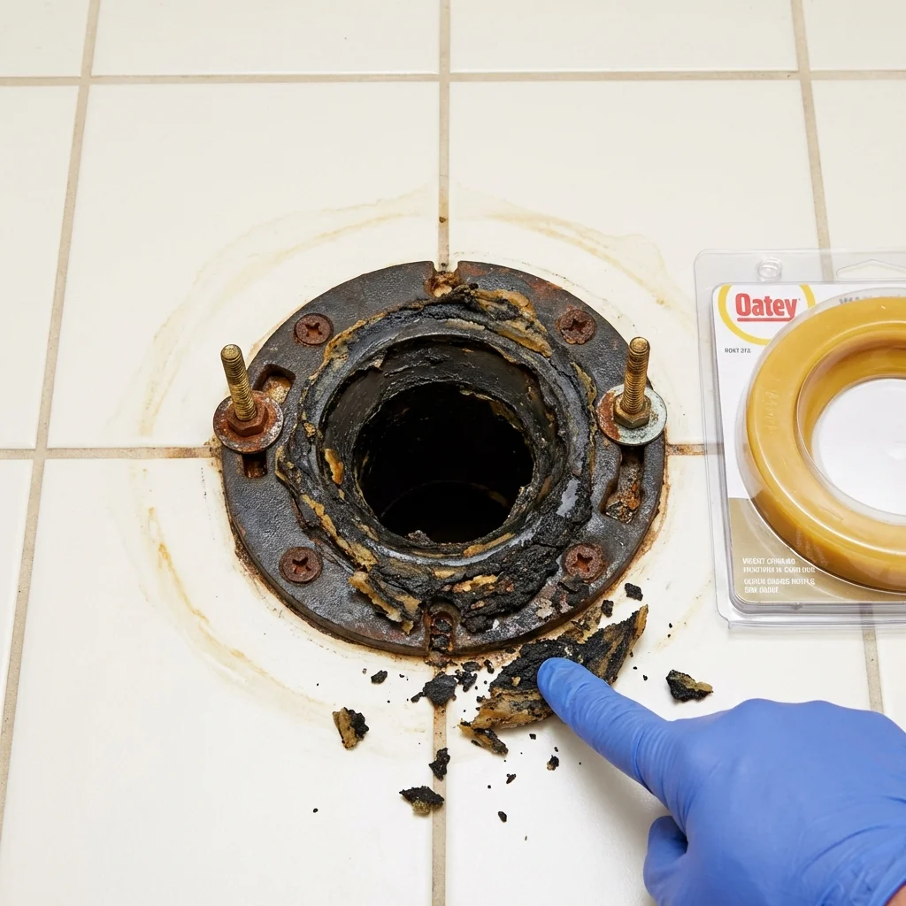 Failed wax ring showing water seepage at the base of a toilet in a Holdrege, NE home
