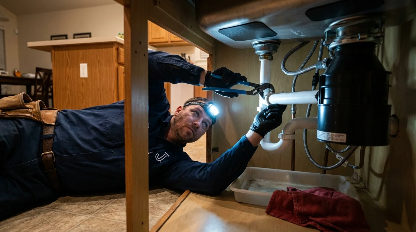 P-trap and supply line connections under a kitchen sink showing a common leak point in Holdrege, NE